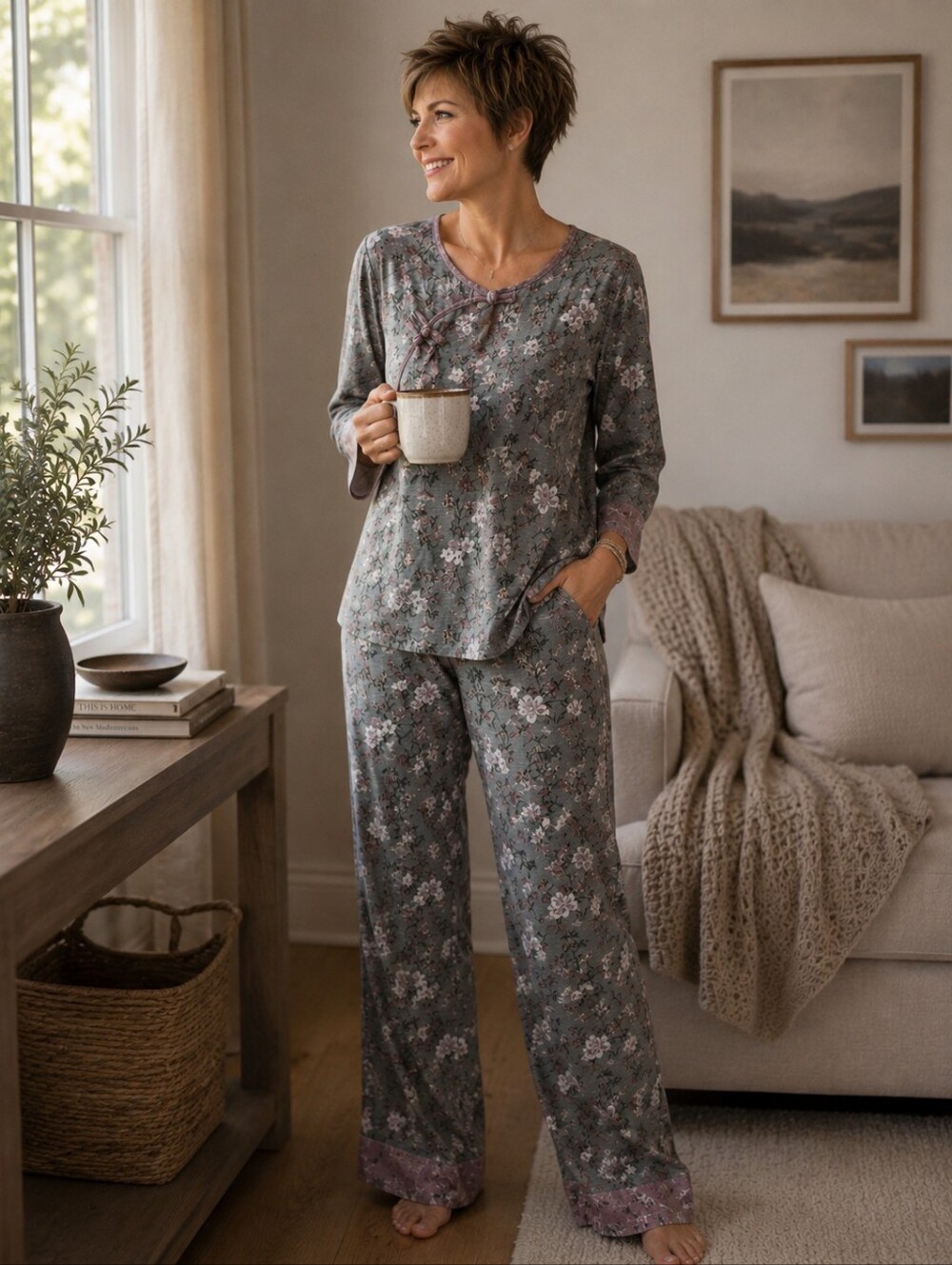 Stunning NWT Asian Style Lounge Pajama Set - Woven Grey & Pink Floral, ML, 10-12